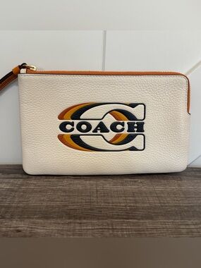 Coach White Leather Clutch with Black, Tan & Gold Logo